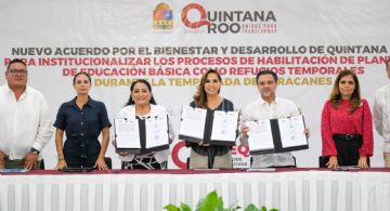 Mara Lezama firma convenio con hoteleros para habilitar escuelas como refugios temporales en Cancún